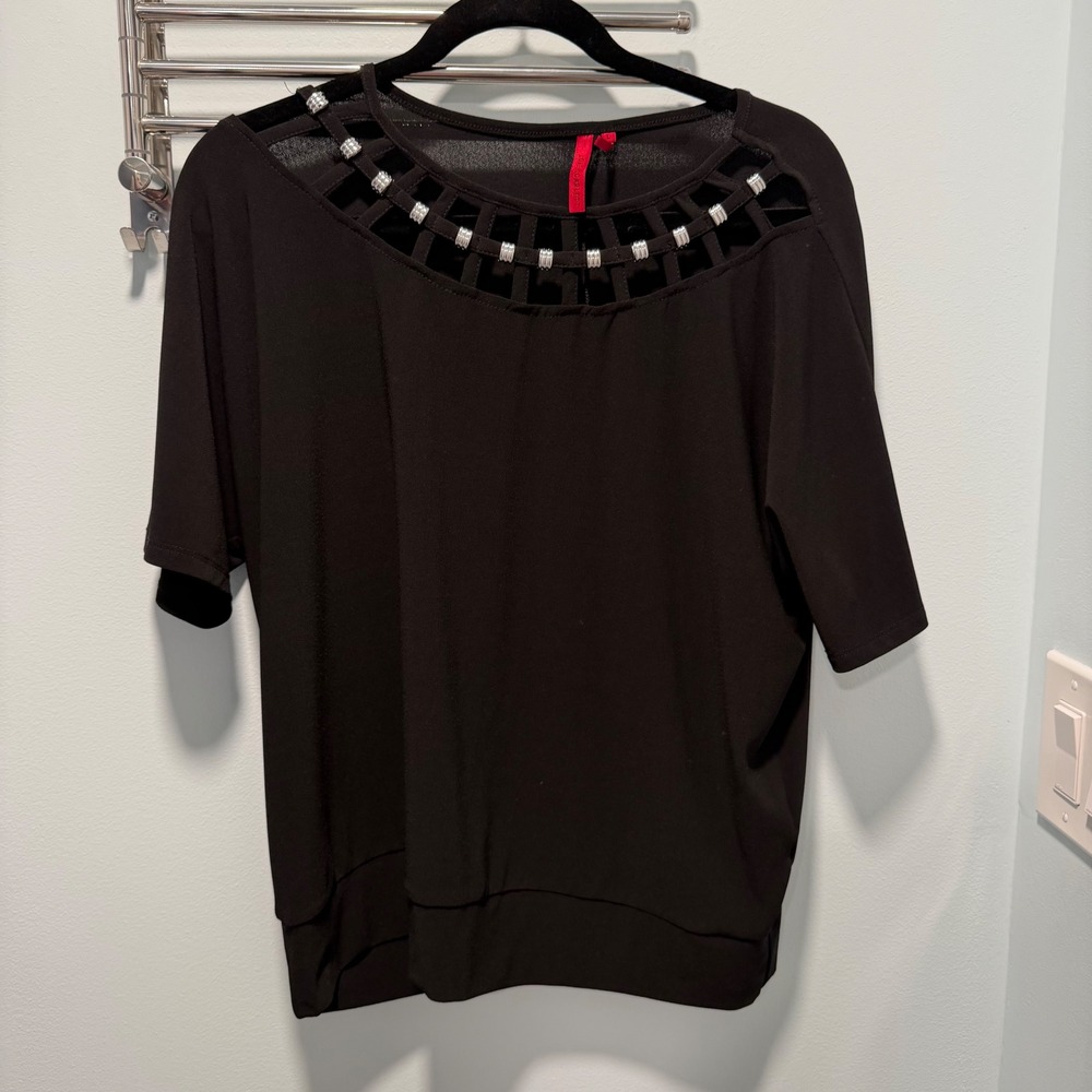 Love Scarlett Lattice Neck Top Black Large Silver Hardware Edgy Work Office